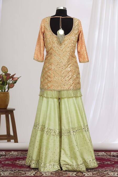Shop Abhinav Mishra Peach Embroidered Kurta And Sharara Set at Aza Fashions Shop_Abhinav Mishra_Peach Embroidered Kurta And Sharara Set_at_Aza_Fashions