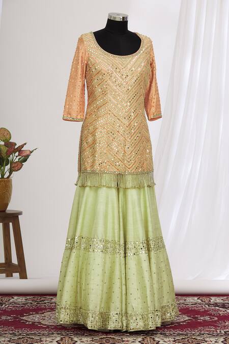 Abhinav Mishra Peach Embroidered Kurta And Sharara Set Online at Aza Fashions Abhinav Mishra_Peach Embroidered Kurta And Sharara Set_Online_at_Aza_Fashions