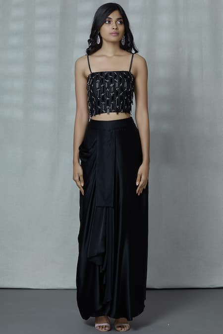 Buy_Ariyana By Aza_Black Georgette, Modal, Silk Sequins, Beads Square Embellished Jacket Skirt Set _Online_at_Aza_Fashions