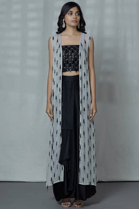 Ariyana By Aza_Black Georgette, Modal, Silk Sequins, Beads Square Embellished Jacket Skirt Set _Online_at_Aza_Fashions