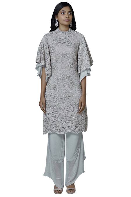 Buy_Aariyana Couture_Grey Georgette, Modal Embroidery High Neck Kurta Set_Online_at_Aza_Fashions