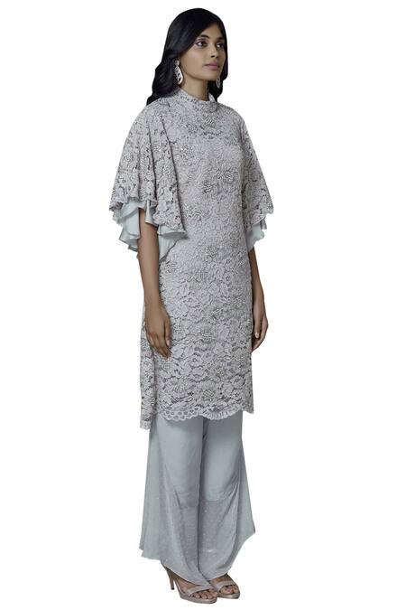 Aariyana Couture_Grey Georgette, Modal Embroidery High Neck Kurta Set_Online_at_Aza_Fashions