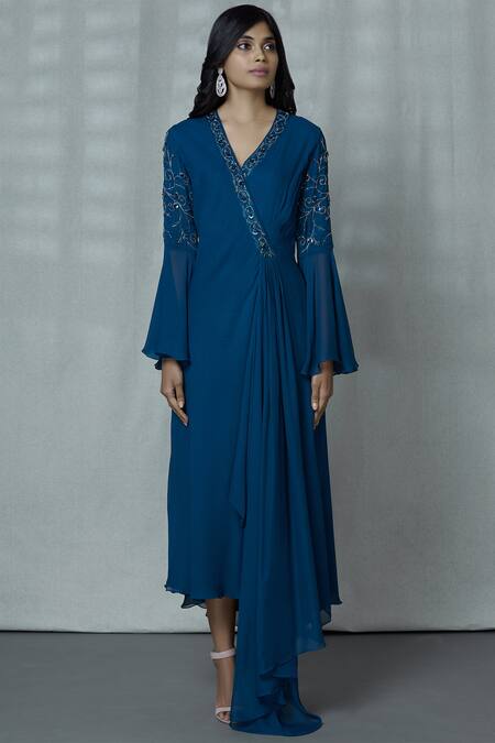 Buy_Aariyana Couture_Blue Georgette Embroidery V-neck Draped Midi Dress_Online_at_Aza_Fashions