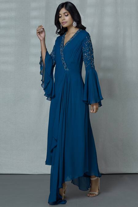 Shop_Aariyana Couture_Blue Georgette Embroidery V-neck Draped Midi Dress_Online_at_Aza_Fashions