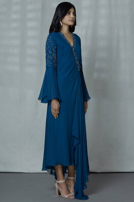 Aariyana Couture_Blue Georgette Embroidery V-neck Draped Midi Dress_Online_at_Aza_Fashions