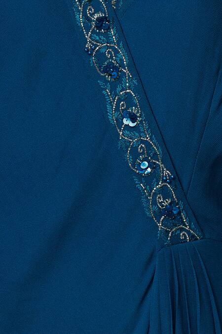 Aariyana Couture_Blue Georgette Embroidery V-neck Draped Midi Dress_at_Aza_Fashions