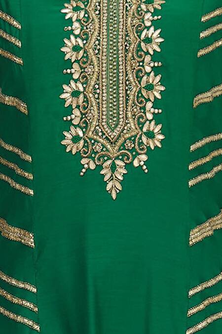Aariyana Couture_Green Muslin, Net, Silk Embroidery Round Neck Kurta Sharara Set_at_Aza_Fashions