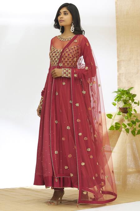 Aariyana Couture Maroon Net, Muslin, Denim Sequins Round Neck Embroidered Anarkali Set Online at Aza Fashions Aariyana Couture_Maroon Net, Muslin, Denim Sequins Round Neck Embroidered Anarkali Set_Online_at_Aza_Fashions