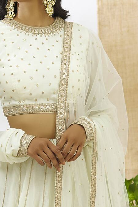 Aariyana Couture_White Silk, Chiffon Sequins Round Neck Embroidered Lehenga Set_at_Aza_Fashions