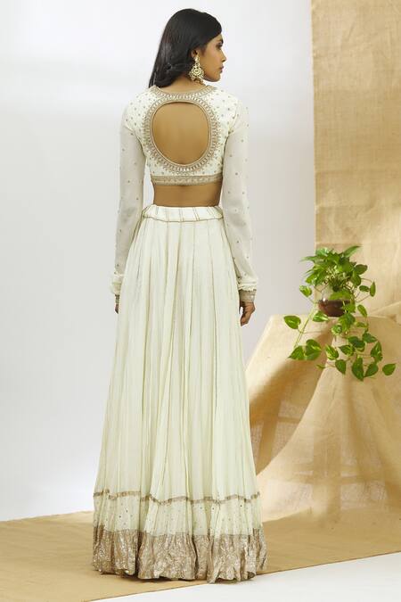 Shop_Aariyana Couture_White Silk, Chiffon Sequins Round Neck Embroidered Lehenga Set_at_Aza_Fashions
