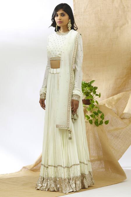 Shop_Aariyana Couture_White Silk, Chiffon Sequins Round Neck Embroidered Lehenga Set_Online_at_Aza_Fashions