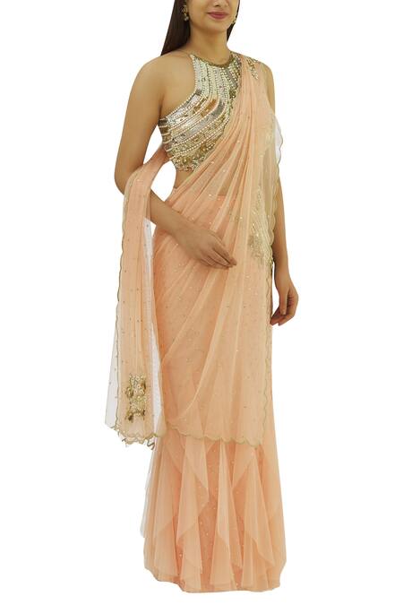 Rajat & Shraddha Peach Net Round Embellished Lehenga Saree Set For Women
