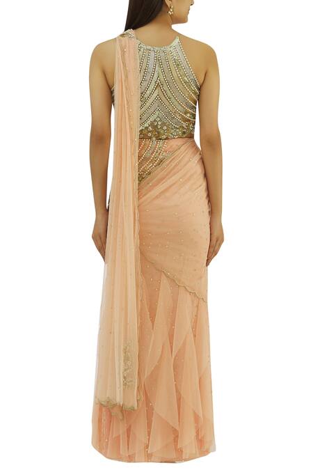 Shop_Rajat & Shraddha_Peach Net Round Embellished Lehenga Saree Set  _at_Aza_Fashions