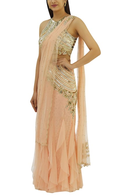 Rajat & Shraddha_Peach Net Round Embellished Lehenga Saree Set  _Online_at_Aza_Fashions