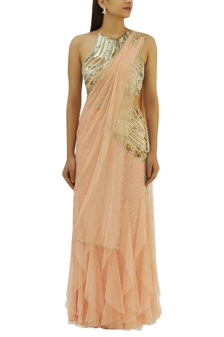 Buy_Rajat & Shraddha_Peach Net Round Embellished Lehenga Saree Set  _Online_at_Aza_Fashions
