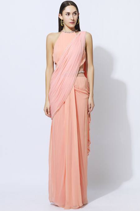 Buy_Arpan Vohra_Peach Georgette Halter Embellished Saree Gown _Online_at_Aza_Fashions
