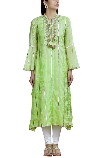 Shop_Gopi Vaid_Green Cotton Silk Embellished Kurta_Online_at_Aza_Fashions
