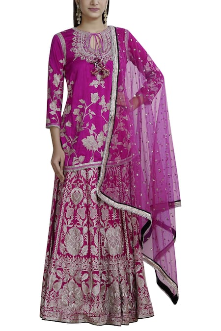 Gopi Vaid Pink Tussar Silk Jamdani Kurta Lehenga Set