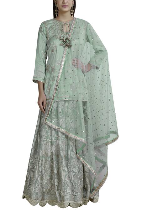 Gopi Vaid Grey Tussar Silk Jamdani Kurta Lehenga Set