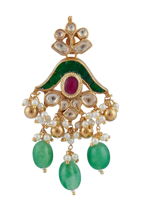 Shop_Moh-Maya by Disha Khatri_Green Pearls, Stones, Gota Patti Kundan Necklace Set _Online_at_Aza_Fashions