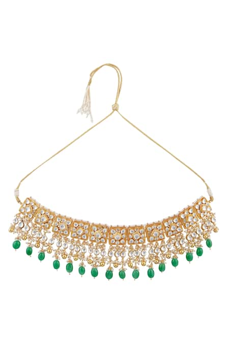 Moh-Maya By Disha Khatri_Gold Plated Pearls, Stones, Gota Patti Kundan Choker Necklace Set _Online_at_Aza_Fashions