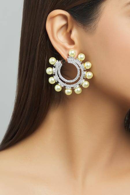 Shop Moh-Maya By Disha Khatri Silver Plated Fabric Flowers, Diamonds Stone Hoop Earrings at Aza Fashions Shop_Moh-Maya By Disha Khatri_Silver Plated Fabric Flowers, Diamonds Stone Hoop Earrings _at_Aza_Fashions