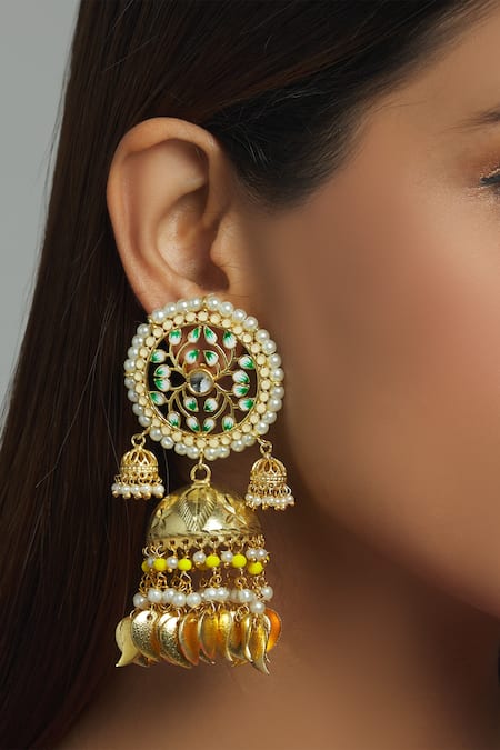Shop_Moh-Maya By Disha Khatri_Green Pearls, Metallic Thread Meenakari Jhumkas _at_Aza_Fashions