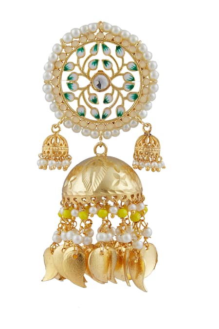Moh-Maya By Disha Khatri_Green Pearls, Metallic Thread Meenakari Jhumkas _Online_at_Aza_Fashions