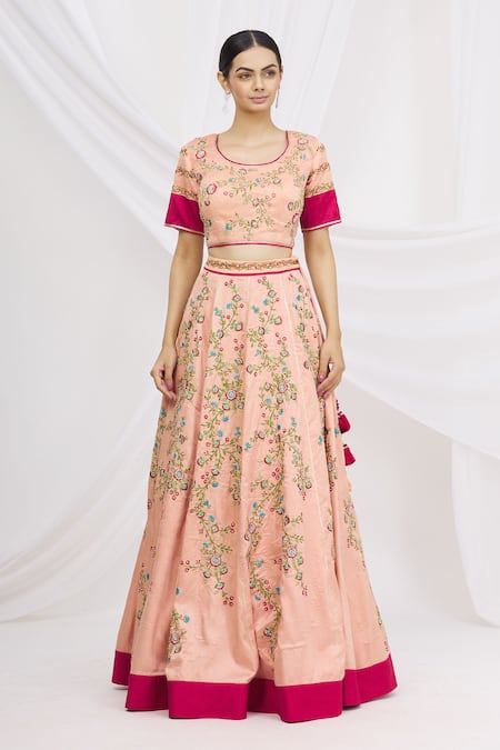 Buy_Aariyana Couture_Coral Bamboo, Brocade, Net Sequins, Tassels Round Embroidered Bridal Lehenga Set_Online_at_Aza_Fashions
