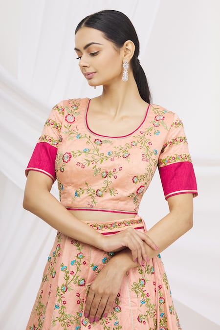 Aariyana Couture_Coral Bamboo, Brocade, Net Sequins, Tassels Round Embroidered Bridal Lehenga Set_at_Aza_Fashions