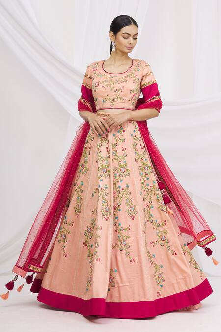 Aariyana Couture_Coral Bamboo, Brocade, Net Sequins, Tassels Round Embroidered Bridal Lehenga Set_Online_at_Aza_Fashions