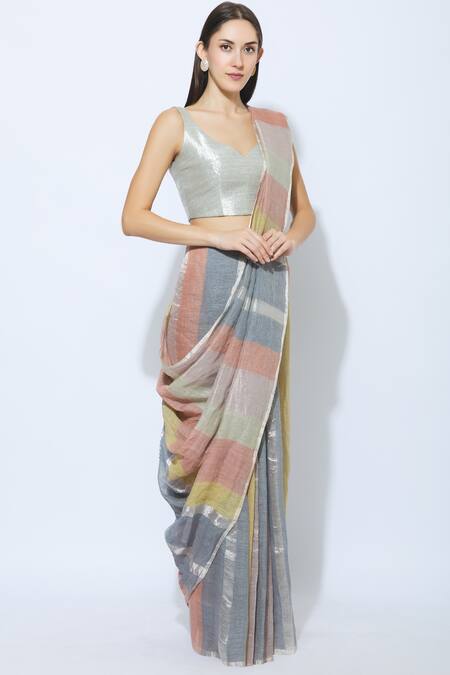 Anavila Grey Linen Saree With Running Blouse Fabric Online at Aza Fashions Anavila_Grey Linen Saree With Running Blouse Fabric_Online_at_Aza_Fashions