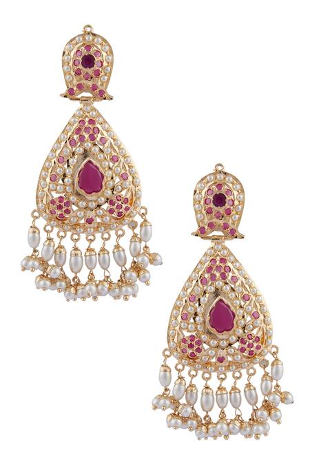 Shop Moh-Maya By Disha Khatri Gold Plated Jadau Stone Earrings With Passa at Aza Fashions Shop_Moh-Maya By Disha Khatri_Gold Plated Jadau Stone Earrings With Passa_at_Aza_Fashions