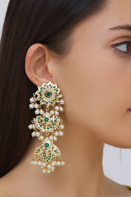 Shop_Moh-Maya By Disha Khatri_Gold Plated Beads, Stones Dangler Earrings _at_Aza_Fashions