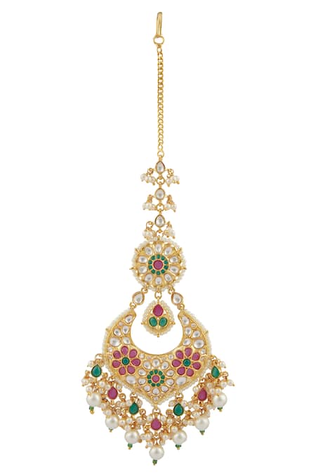 Buy_Moh-Maya By Disha Khatri_Gold Plated Beads, Stones Maangtikka Set _Online_at_Aza_Fashions