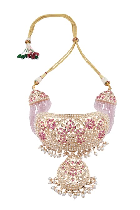 Buy_Moh-Maya By Disha Khatri_Gold Plated Beads, Stones Layered Necklace Set _Online_at_Aza_Fashions