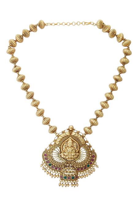 Joules By Radhika_Gold Plated Bead Antique Temple Jewellery Set_Online_at_Aza_Fashions