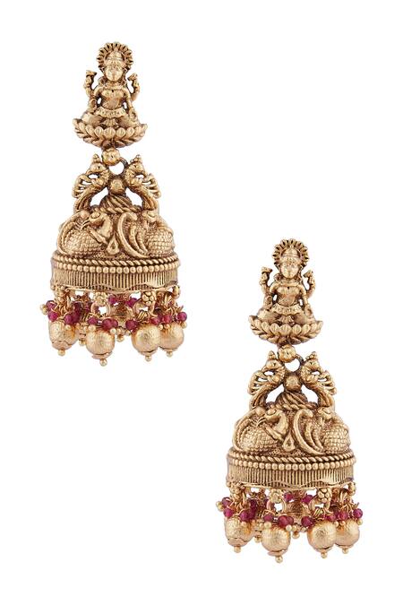 Shop Minaki Gold Plated Beads Laxmi Jhumkas at Aza Fashions Shop_Minaki_Gold Plated Beads Laxmi Jhumkas_at_Aza_Fashions