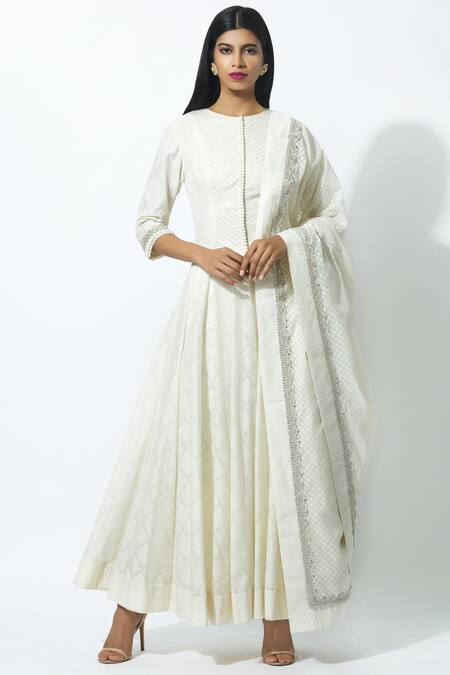 Manish Malhotra White Banarasi Cotton Anarkali Set