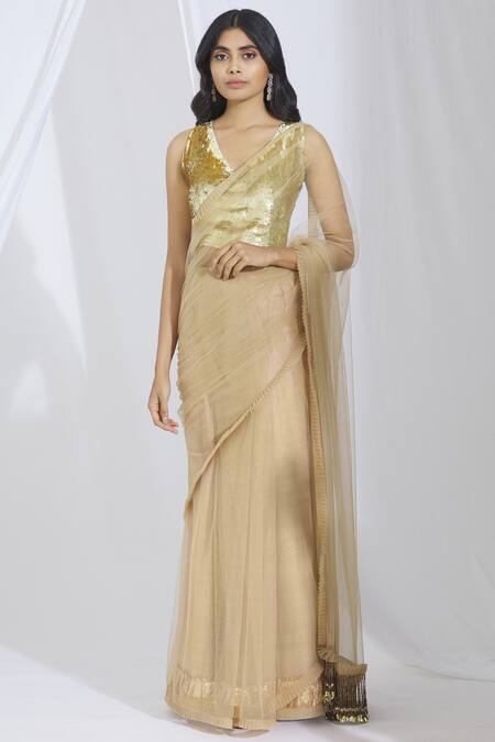 Buy_Manish Malhotra_Beige Net Embellished Saree_Online_at_Aza_Fashions