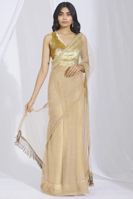 Manish Malhotra_Beige Net Embellished Saree_Online_at_Aza_Fashions