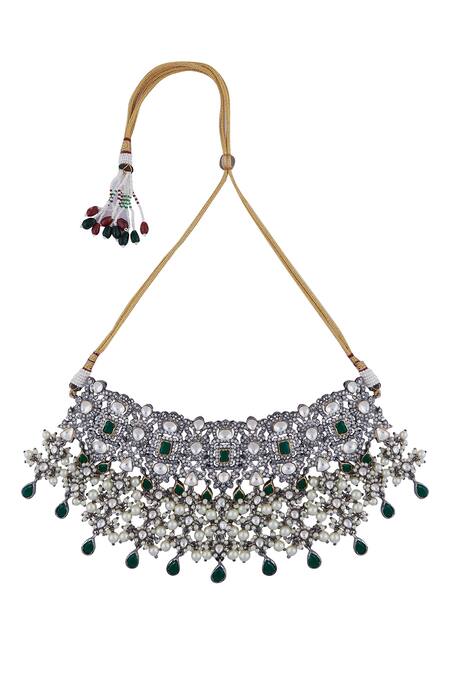 Moh-Maya By Disha Khatri_Silver Plated Emerald Antique Stone Jewellery Set_Online_at_Aza_Fashions