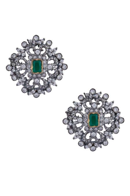 Buy_Moh-Maya By Disha Khatri_Silver Plated Emerald Antique Stone Jewellery Set_Online_at_Aza_Fashions