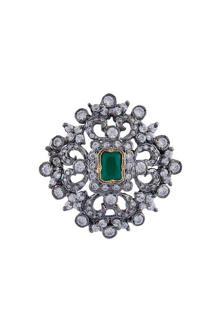 Shop_Moh-Maya By Disha Khatri_Silver Plated Emerald Antique Stone Jewellery Set_Online_at_Aza_Fashions