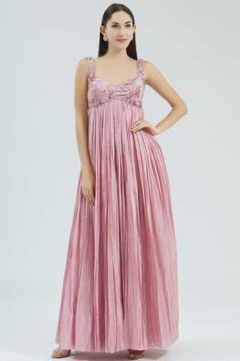 Buy Rocky Star Pink Silk Pleated Gown at Aza Fashions Buy_Rocky Star_Pink Silk Pleated Gown_at_Aza_Fashions