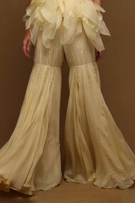 Buy_Shriya Som_Yellow Organza, Chiffon Sequins, Beads, Embroidery Ruffle Top And Flared Pant Set _Online_at_Aza_Fashions