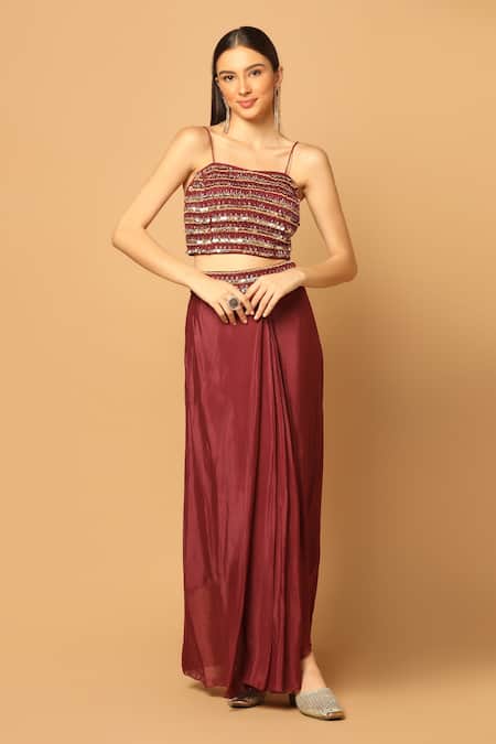 Two Sisters By Gyans Maroon Chiffon Beads, Sequins, Crystals High Low Hem Cape And Draped Skirt Set Online at Aza Fashions Two Sisters By Gyans_Maroon Chiffon Beads, Sequins, Crystals High Low Hem Cape And Draped Skirt Set _Online_at_Aza_Fashions