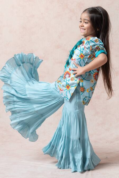Buy_Thetaa_Sky Blue Silk, Viscose, Voile Tassels Floral Print Kurta Gharara Set_Online_at_Aza_Fashions