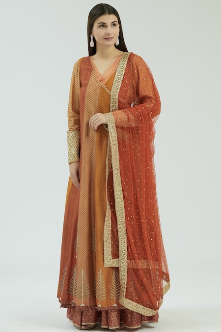 House of Kotwara Orange Chanderi Anarkali Lehenga Set