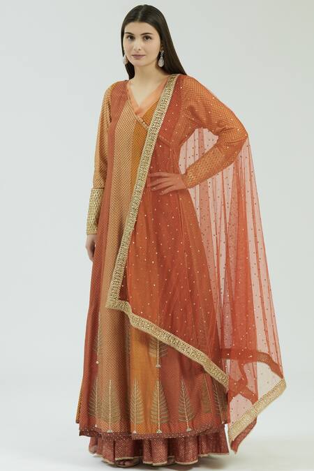 House Of Kotwara Orange Chanderi Anarkali Lehenga Set Online at Aza Fashions House Of Kotwara_Orange Chanderi Anarkali Lehenga Set_Online_at_Aza_Fashions